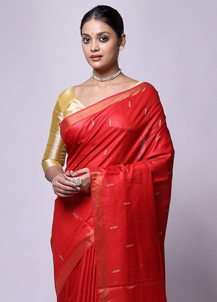 Red Handloom Tussar Pure Silk Saree With Blouse Piece