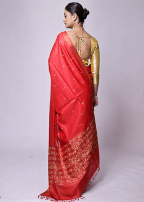 Red Handloom Tussar Pure Silk Saree With Blouse Piece