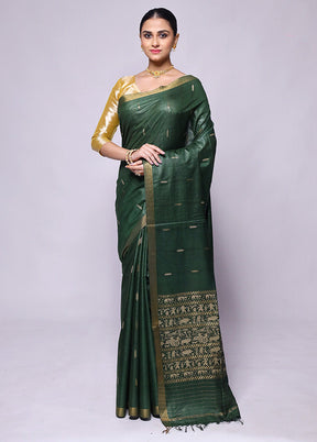 Green Handloom Tussar Pure Silk Saree With Blouse Piece