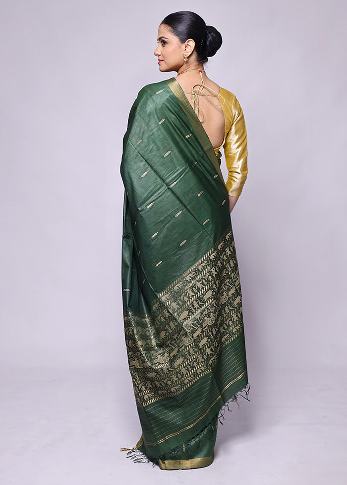 Green Handloom Tussar Pure Silk Saree With Blouse Piece