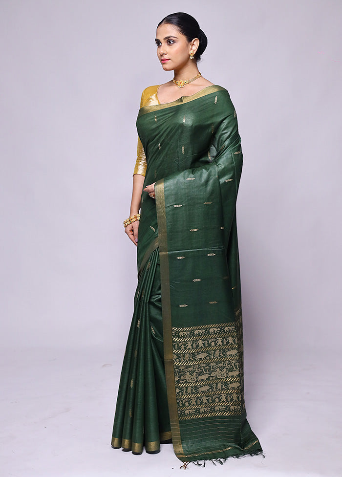 Green Handloom Tussar Pure Silk Saree With Blouse Piece