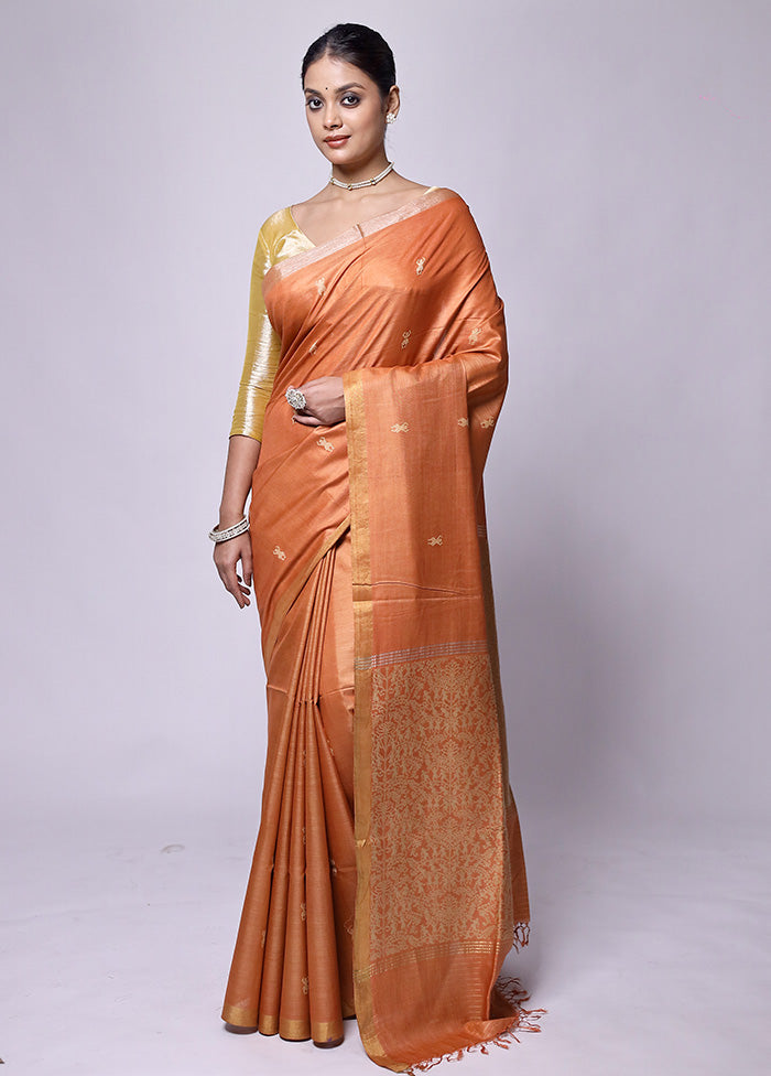 Orange Handloom Tussar Pure Silk Saree With Blouse Piece