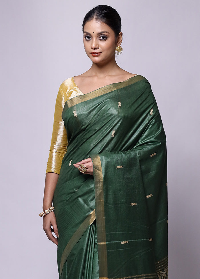 Green Handloom Tussar Pure Silk Saree With Blouse Piece