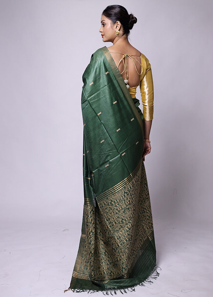 Green Handloom Tussar Pure Silk Saree With Blouse Piece