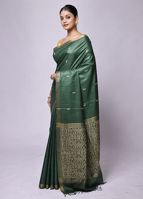 Green Handloom Tussar Pure Silk Saree With Blouse Piece