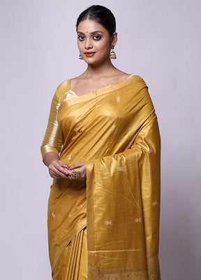 Yellow Handloom Tussar Pure Silk Saree With Blouse Piece