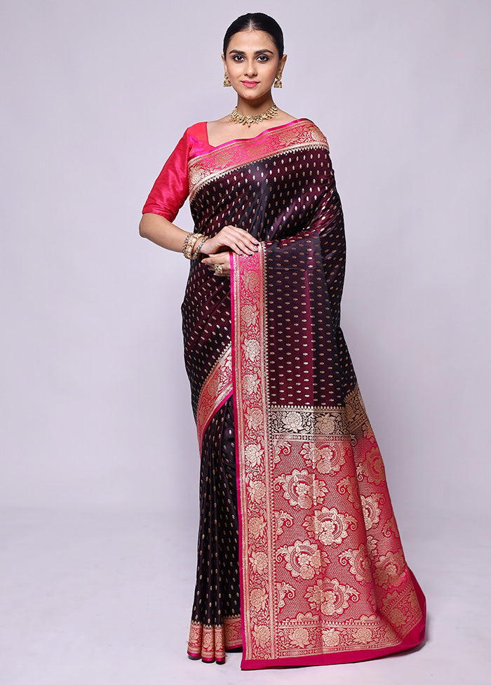 Wine Banarasi Silk Saree With Blouse Piece