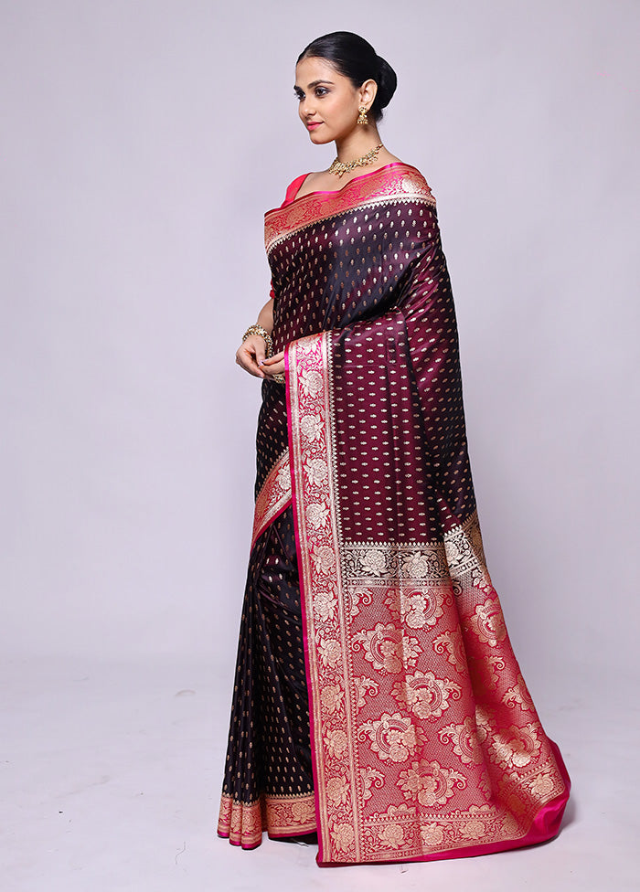 Wine Banarasi Silk Saree With Blouse Piece