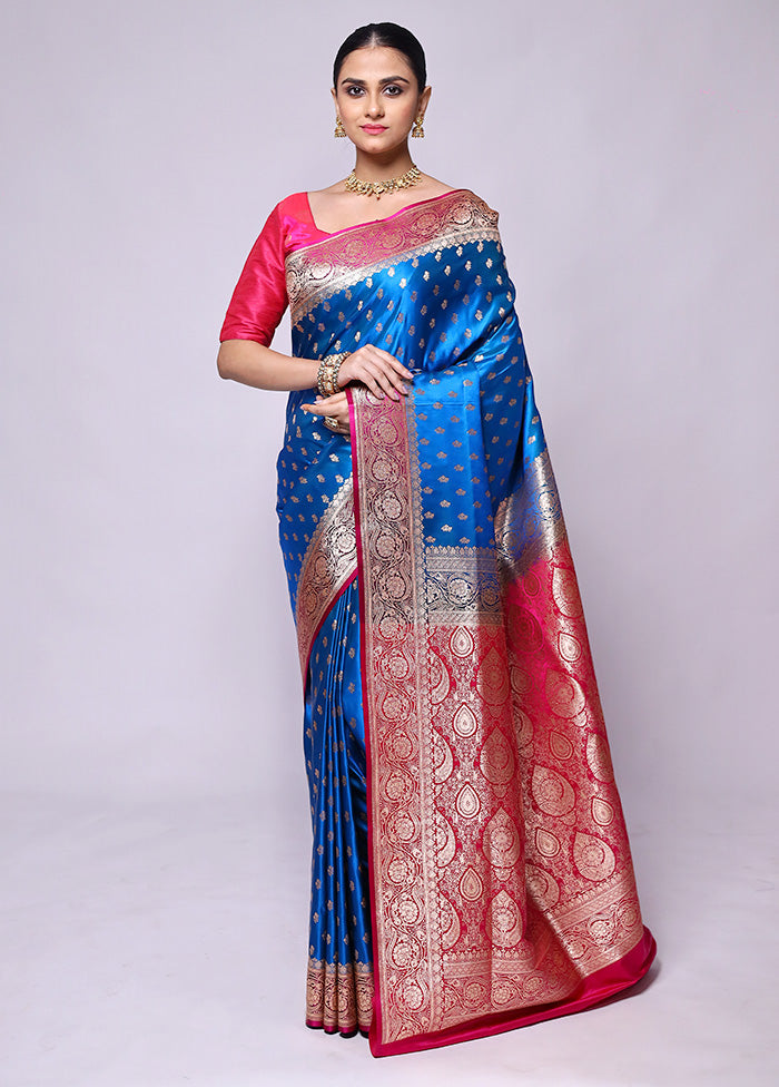 Blue Banarasi Silk Saree With Blouse Piece