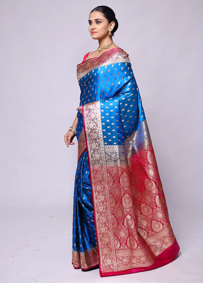 Blue Banarasi Silk Saree With Blouse Piece