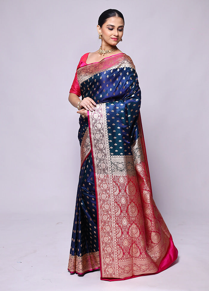 Blue Banarasi Silk Saree With Blouse Piece