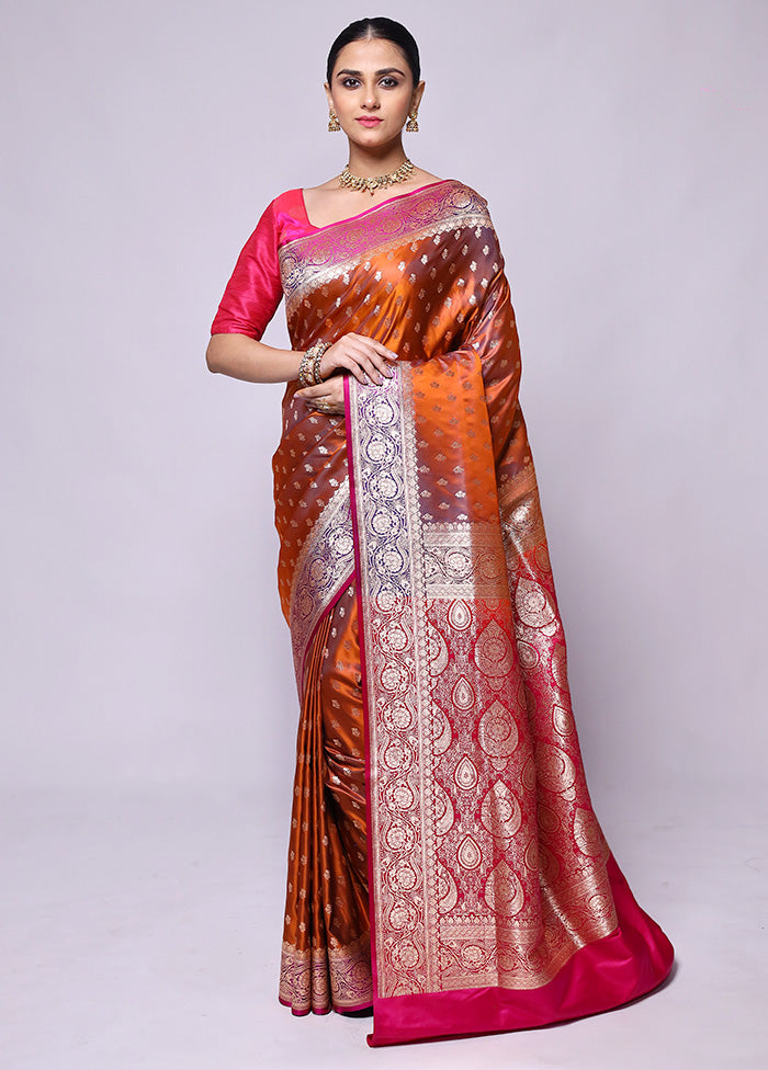 Rust Banarasi Silk Saree With Blouse Piece