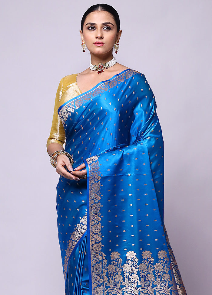 Blue Banarasi Silk Saree With Blouse Piece