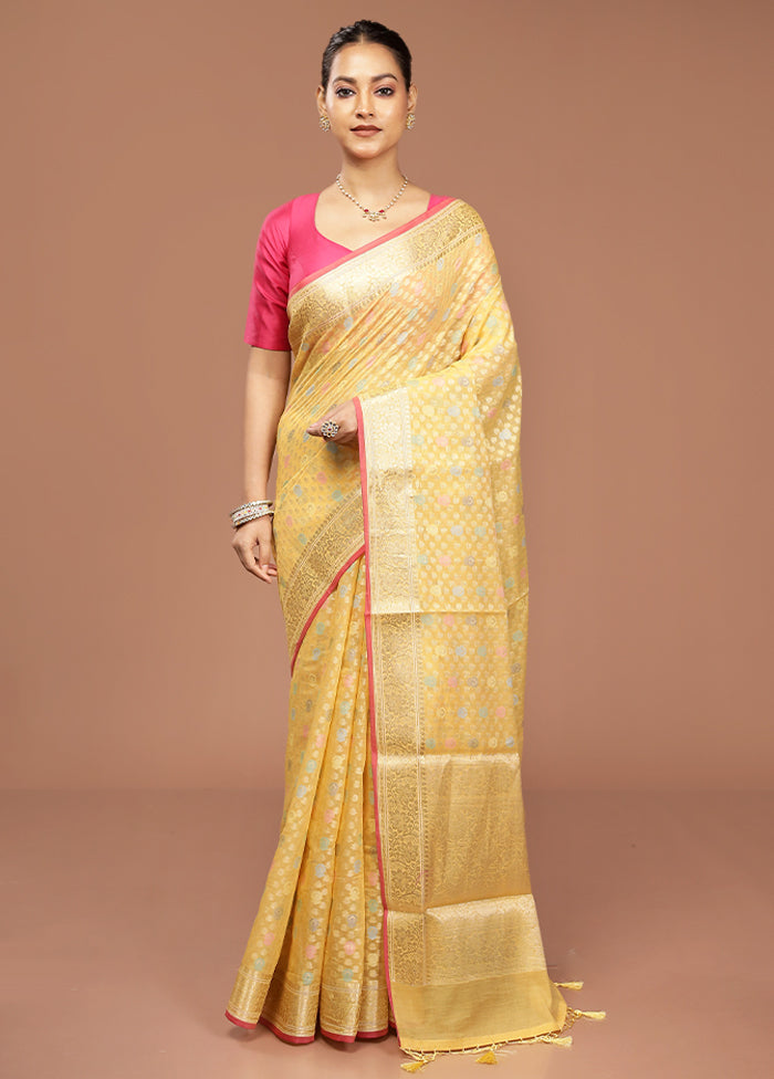 Yellow Kora Silk Saree With Blouse Piece