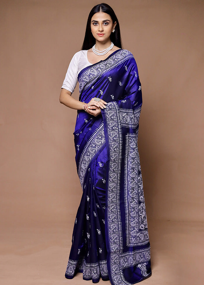 Blue Handloom Kantha Stitch Pure Silk Saree With Blouse Piece