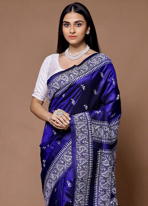 Blue Handloom Kantha Stitch Pure Silk Saree With Blouse Piece