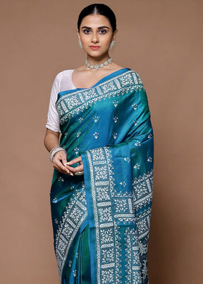 Blue Handloom Kantha Stitch Pure Silk Saree With Blouse Piece