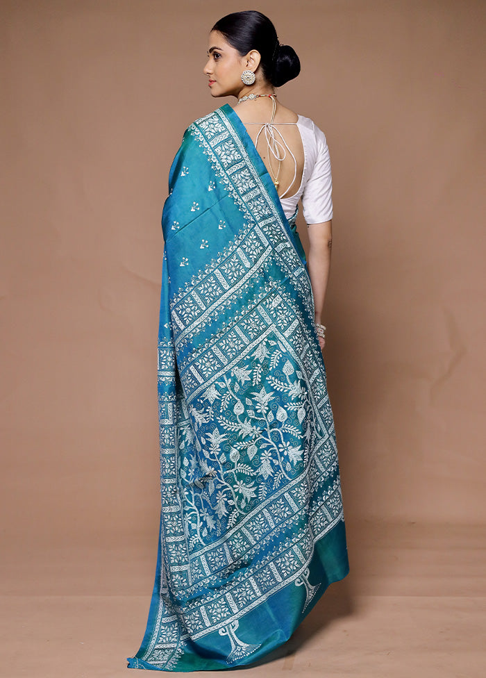 Blue Handloom Kantha Stitch Pure Silk Saree With Blouse Piece