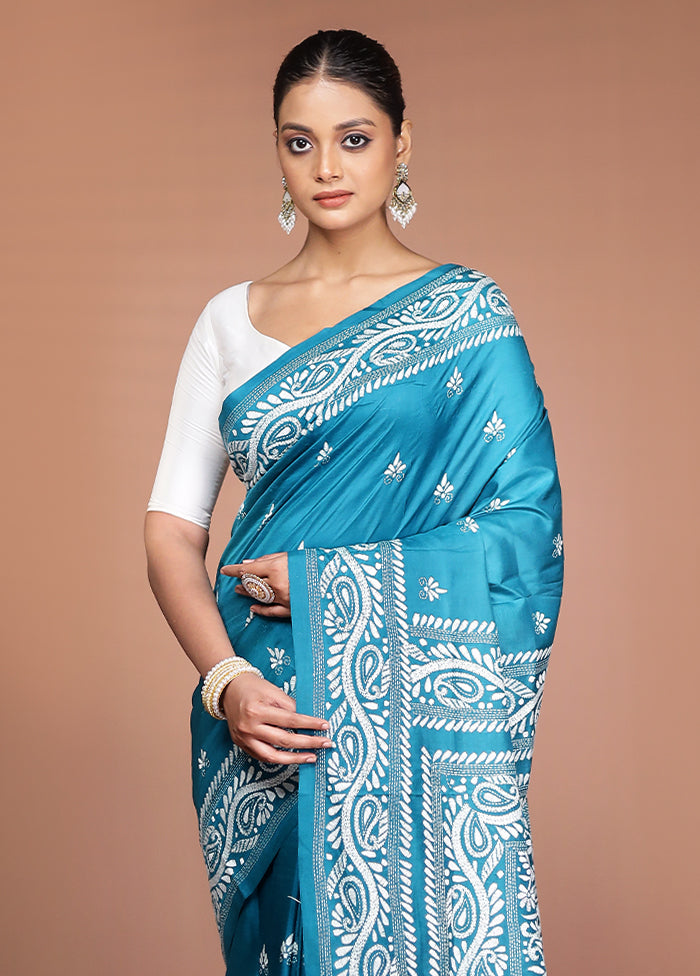 Green Handloom Kantha Stitch Pure Silk Saree With Blouse Piece