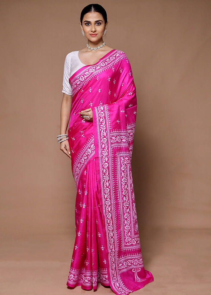 Pink Handloom Kantha Stitch Pure Silk Saree With Blouse Piece