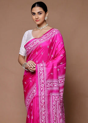 Pink Handloom Kantha Stitch Pure Silk Saree With Blouse Piece