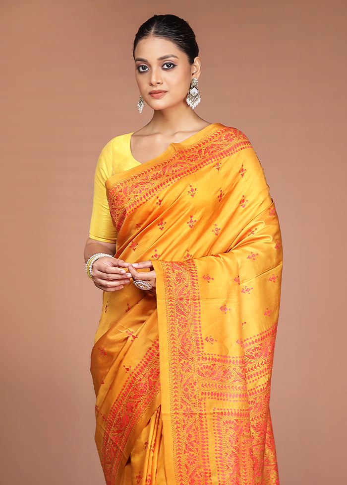 Yellow Handloom Kantha Stitch Pure Silk Saree With Blouse Piece