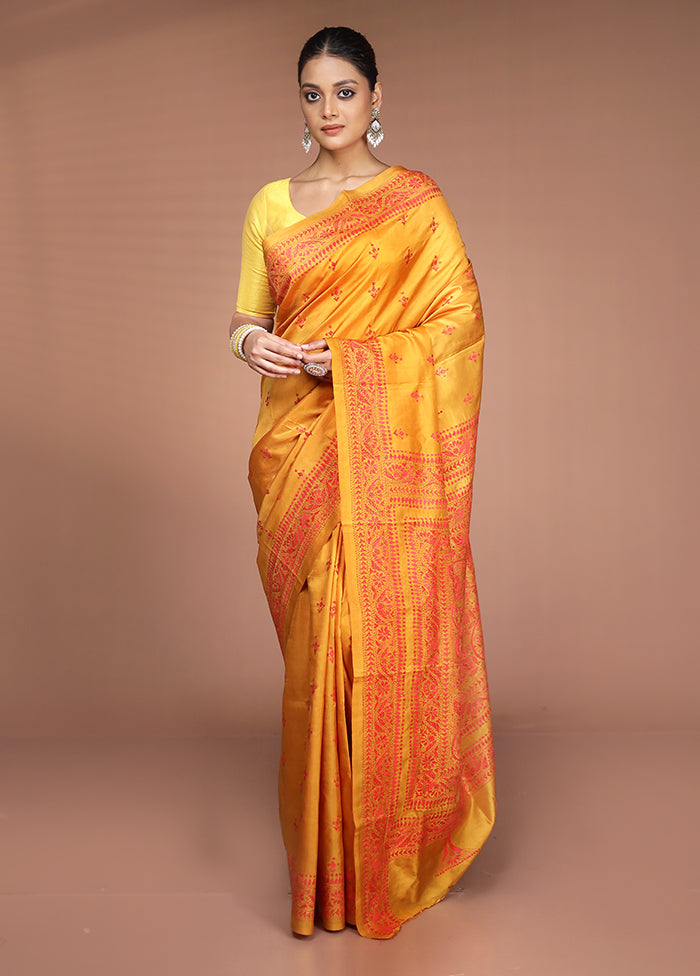 Yellow Handloom Kantha Stitch Pure Silk Saree With Blouse Piece