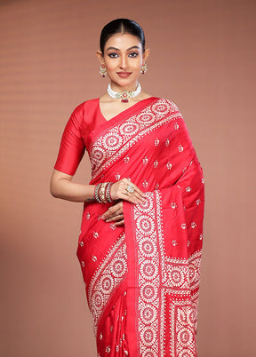 Red Handloom Kantha Stitch Pure Silk Saree With Blouse Piece