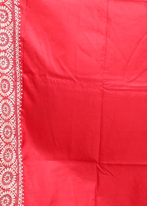 Red Handloom Kantha Stitch Pure Silk Saree With Blouse Piece