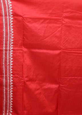 Red Handloom Kantha Stitch Pure Silk Saree With Blouse Piece