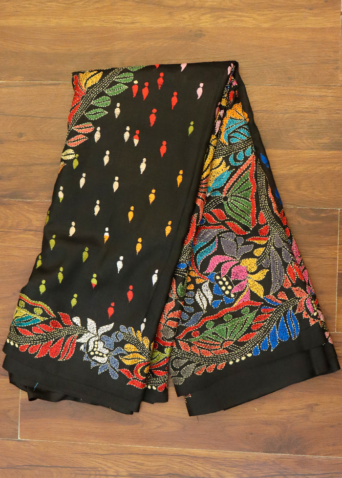 Black Handloom Kantha Stitch Pure Silk Saree With Blouse Piece