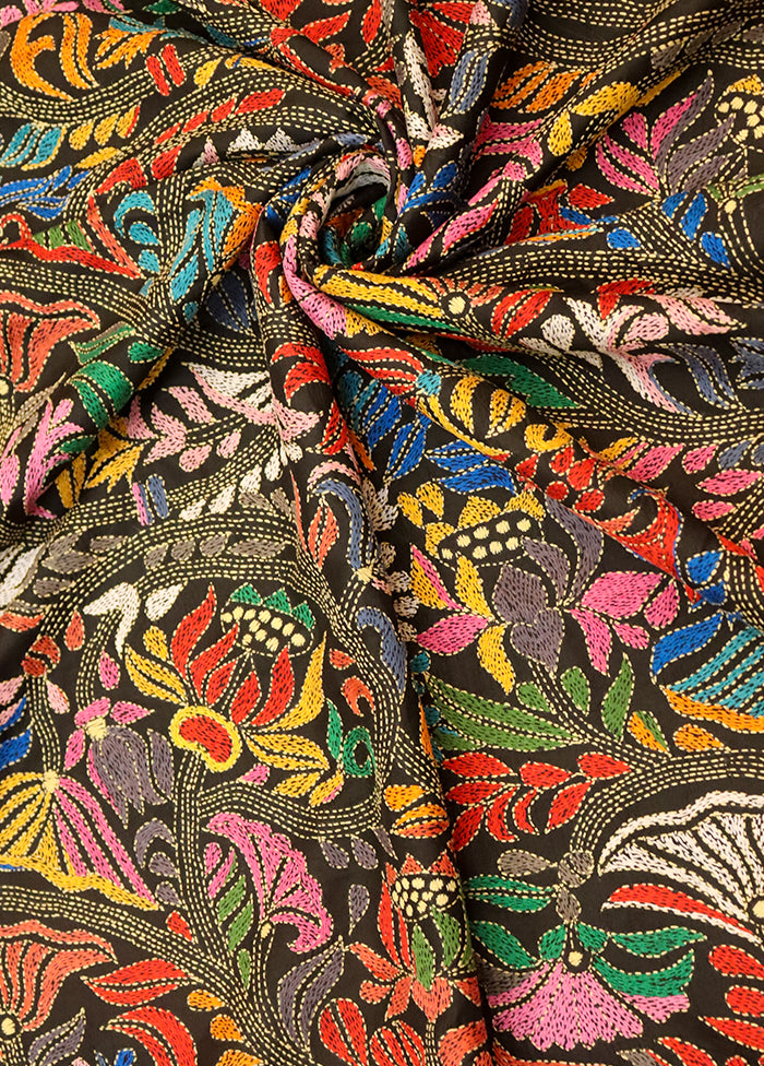 Black Handloom Kantha Stitch Pure Silk Saree With Blouse Piece