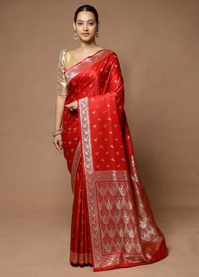 Red Banarasi Silk Saree With Blouse Piece