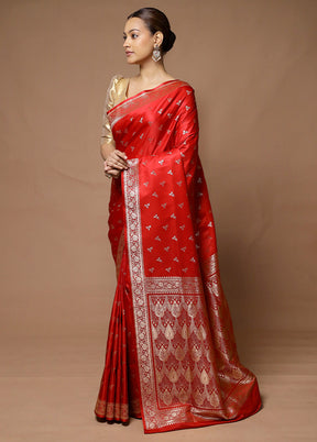 Red Banarasi Silk Saree With Blouse Piece