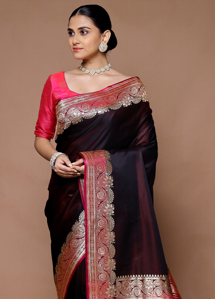 Wine Banarasi Silk Saree With Blouse Piece