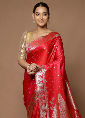 Red Banarasi Silk Saree With Blouse Piece