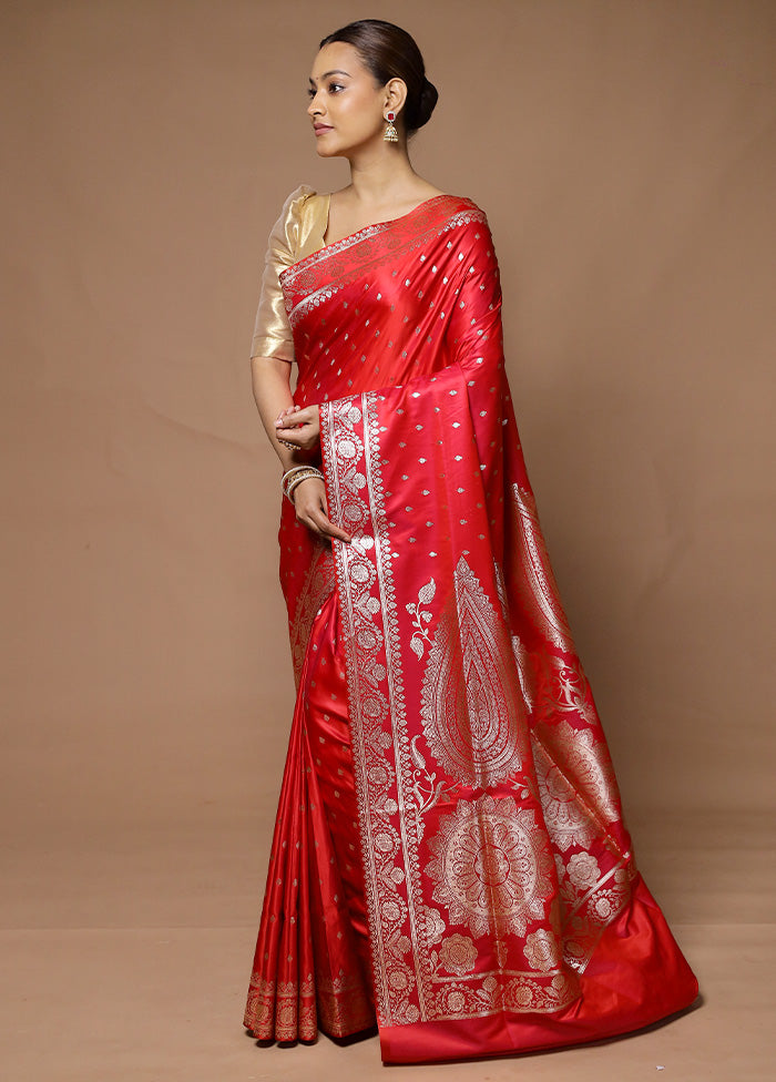 Red Banarasi Silk Saree With Blouse Piece