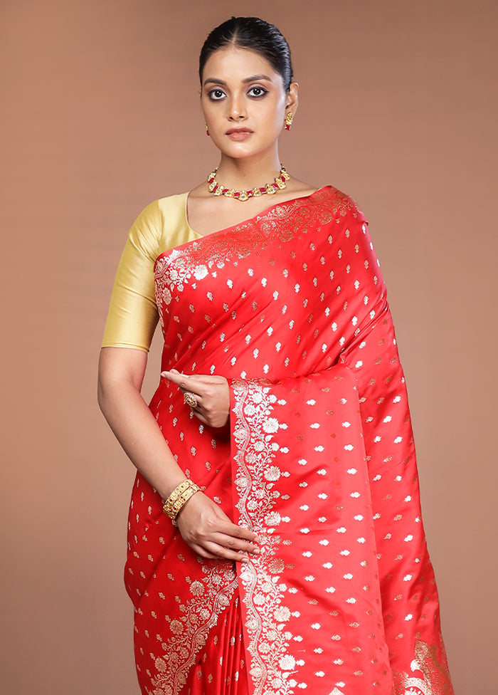 Red Banarasi Silk Saree With Blouse Piece