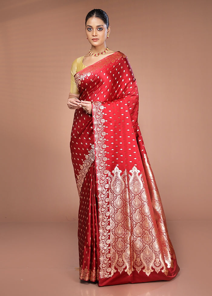 Maroon Banarasi Silk Saree With Blouse Piece