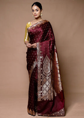 Maroon Banarasi Silk Saree With Blouse Piece