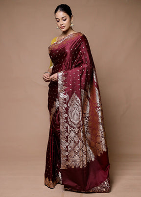 Maroon Banarasi Silk Saree With Blouse Piece