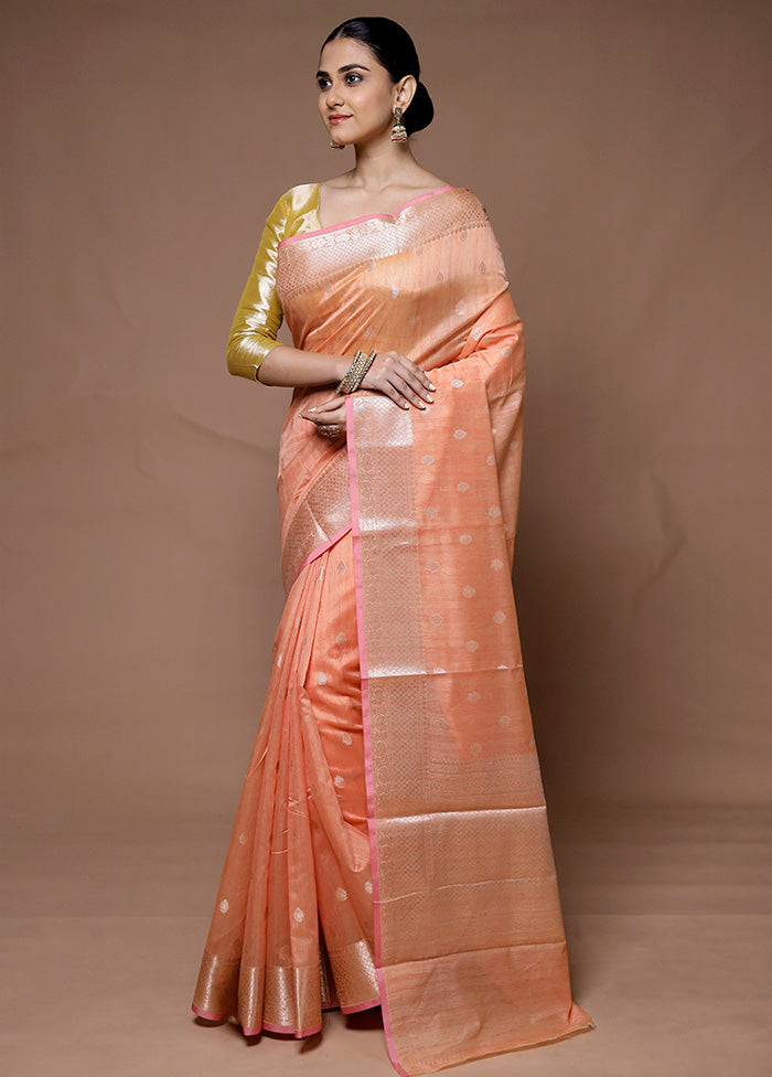 Peach Kora Silk Saree With Blouse Piece