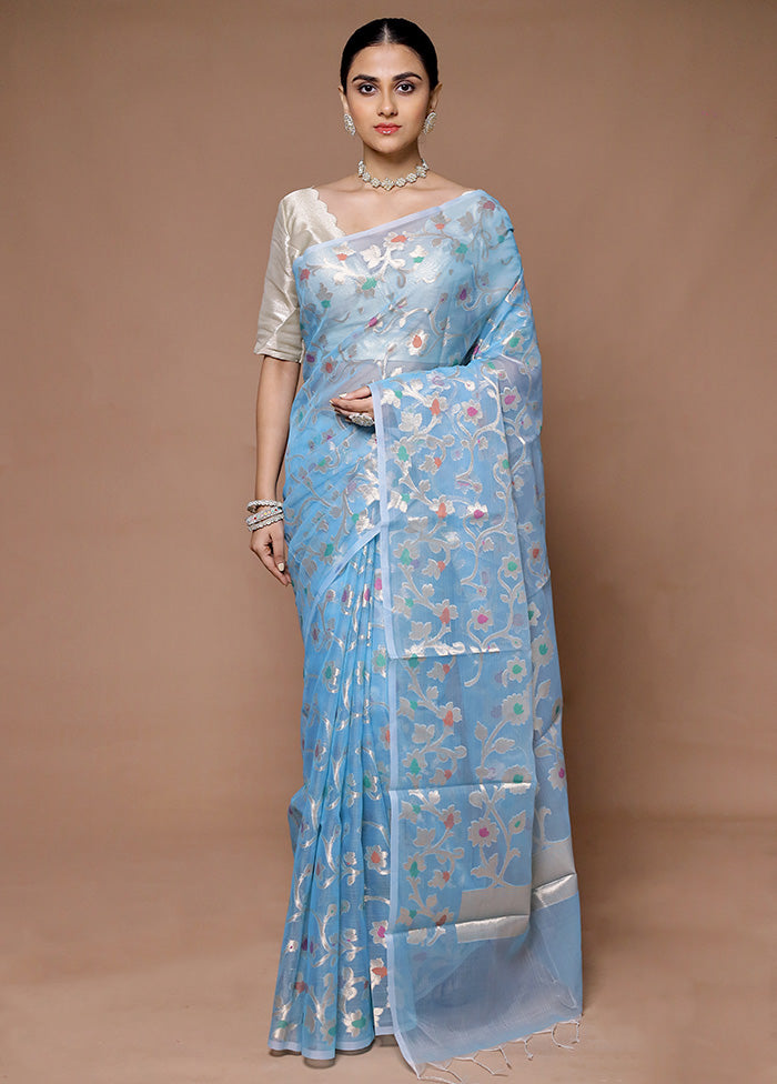 Blue Organza Saree With Blouse Piece