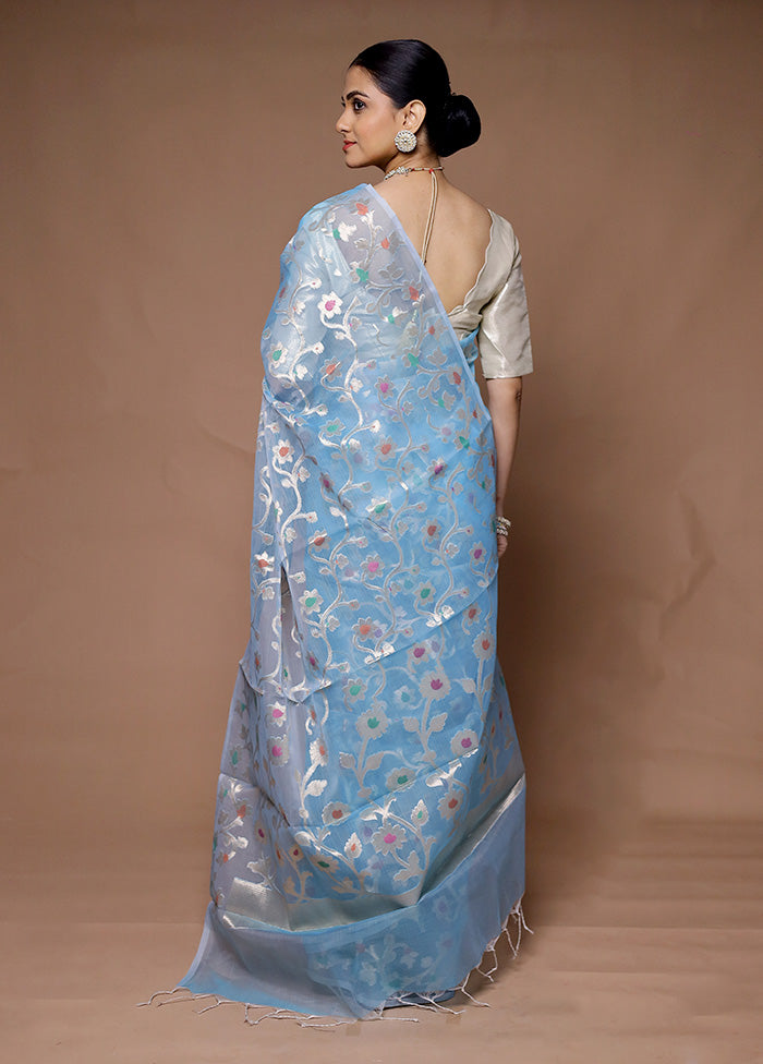 Blue Organza Saree With Blouse Piece