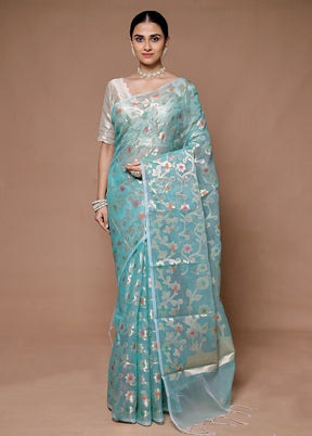 Blue Organza Saree With Blouse Piece