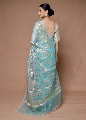 Blue Organza Saree With Blouse Piece