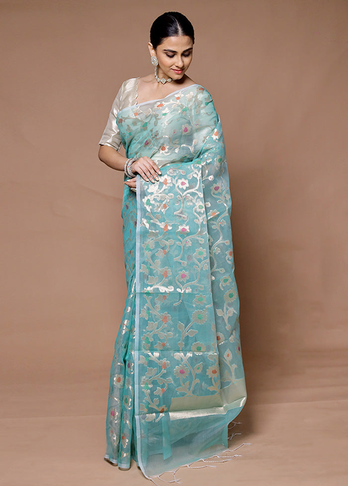 Blue Organza Saree With Blouse Piece