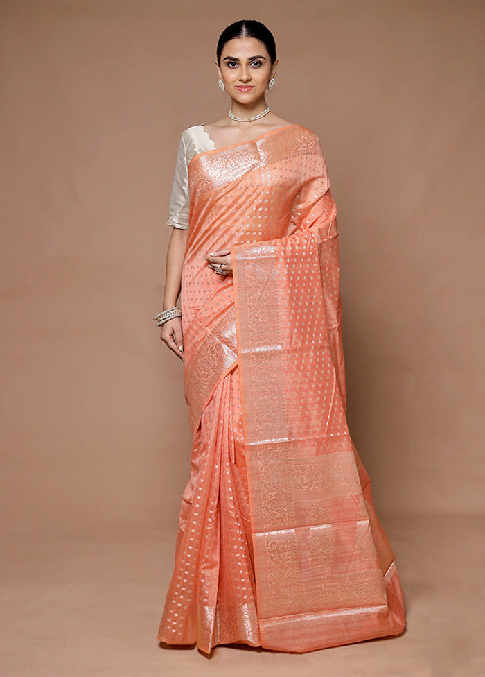 Peach Kora Silk Saree With Blouse Piece