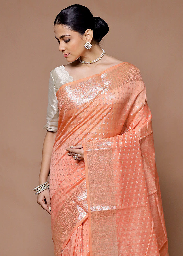 Peach Kora Silk Saree With Blouse Piece