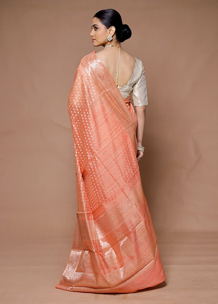 Peach Kora Silk Saree With Blouse Piece